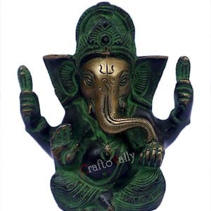 Mosiężny posąg Ganeshy, figurka Ganeshy, posąg Ganpatiego, rzeźba Ganeshy, Bóg szczęścia, głowa słonia z napisem „Niech Bóg cię błogosławi”, Ganesha do świątyni.