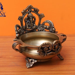 Vaso Ganesh Urli in ottone, ciotola tradizionale da 16 cm, regali per la casa, Ganesh Uruli per casa, arredamento, ufficio, regali, ingresso.