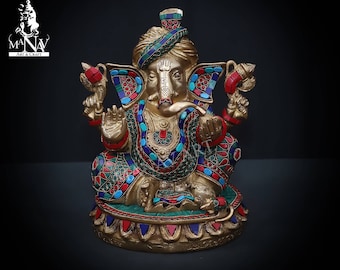 Brass Ganesha Statue with Turquoise Inlay (27.5 CM)