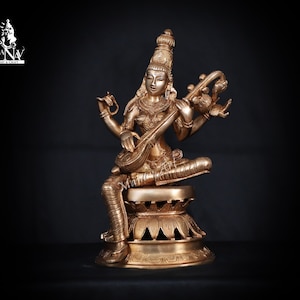 Brass Goddess Saraswati 30CM idol, Devi Saraswati with Veena, Saraswati on Lotus, Saraswati Idol for Home, Temple, Office, Gifts, pooja.