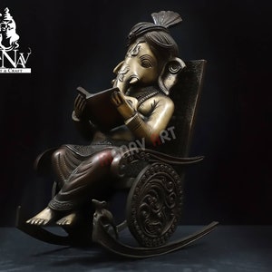Brass Ganesha statue, 40CM Ganesh idol on rocking chair, book reading Ganesha, good luck God, Ganesha for Home decor, corner, gifts, Pooja.