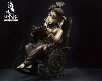 Brass Ganesha Statue: 16" Ganesh Idol Reading Book on Rocking Chair