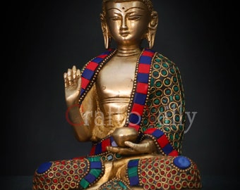 Brass Buddha statue- 15CM Brass Buddha Figurines, Buddha Idol, Buddha Statue, Brass Ring work Buddha for Temple, Home, Corner,  Decor, gifts