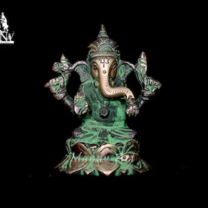Brass Ganesha Statue, 7.5 CM Green Antique Ganesha Idol, GANESHA Sitting on Lotus, God of Good luck, Ganesha for Temple, decor, office, Gift