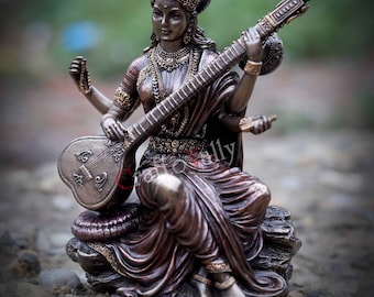 Saraswati 15CM Statue, Saraswati figurine, Goddess of Knowledge, Saraswati Idol for Temple, Home, Office, Corner, Decor, Gifts, Pooja room.