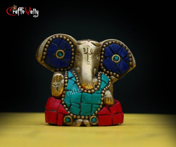 Brass Ganesh Statue: Small Turquoise Inlay Hindu Idol (5cm)