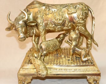 Brass Kamdhenu 30CM statue, Brass Kamdhenu on Chowki, Kamdhenu with laddu Gopal ji, kamdhenu for Home, Temple, Office, Gifts, Pooja, decor