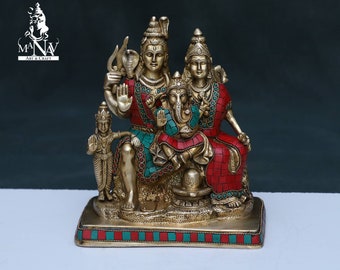 Estatua de latón de la familia Shiva: ídolo hindú con piedras turquesas (25 cm)