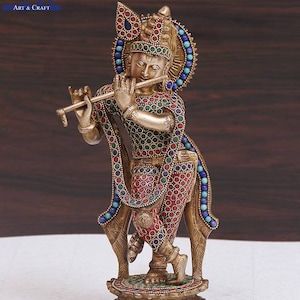 Brass Krishna Statue, 28CM Krishna Idol, murlidhar figurine, Banke vihari ji sculpture for Gifts, Decor, Temple, Home, Corner, Office, pooja
