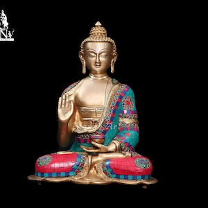 真鍮製仏像 28 CM リングと石細工の像、仏像の置物、仏像の偶像、寺院、自宅、コーナー、オフィスの装飾用の仏像