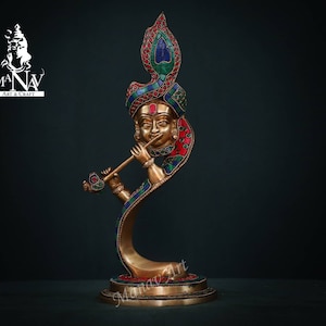 Brass Krishna statue, 33 CM Abstract Krishna Idol, Krishna Figurine, Lord Krishna playing Flute, Krishna For Home, Decor, Temple, Gifts