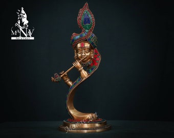 Mosiężna figurka Kryszny: flet z intarsją z turkusu (33 cm)