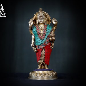 Brass Lord Dhanvantari Statue: Ayurveda Idol with Turquoise Stones (19 CM)