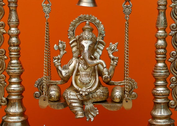 Large Brass Ganesha Statue on Jhula Swing: Hindu Temple Decor (65 CM)