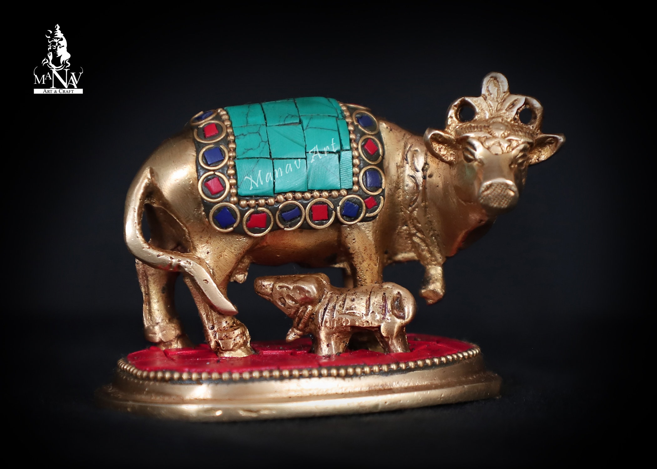 Brass Cow Statue, 7 CM Cow idol, Brass Cow with Calf, Brass Kamdhenu Cow Statue, Brass Cow Figurine for Temple, Corner, Home, Decor, gifts.