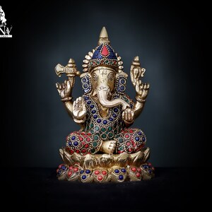 Statua di Ganesha in ottone con intarsio turchese - Decorazione indù (15 cm)