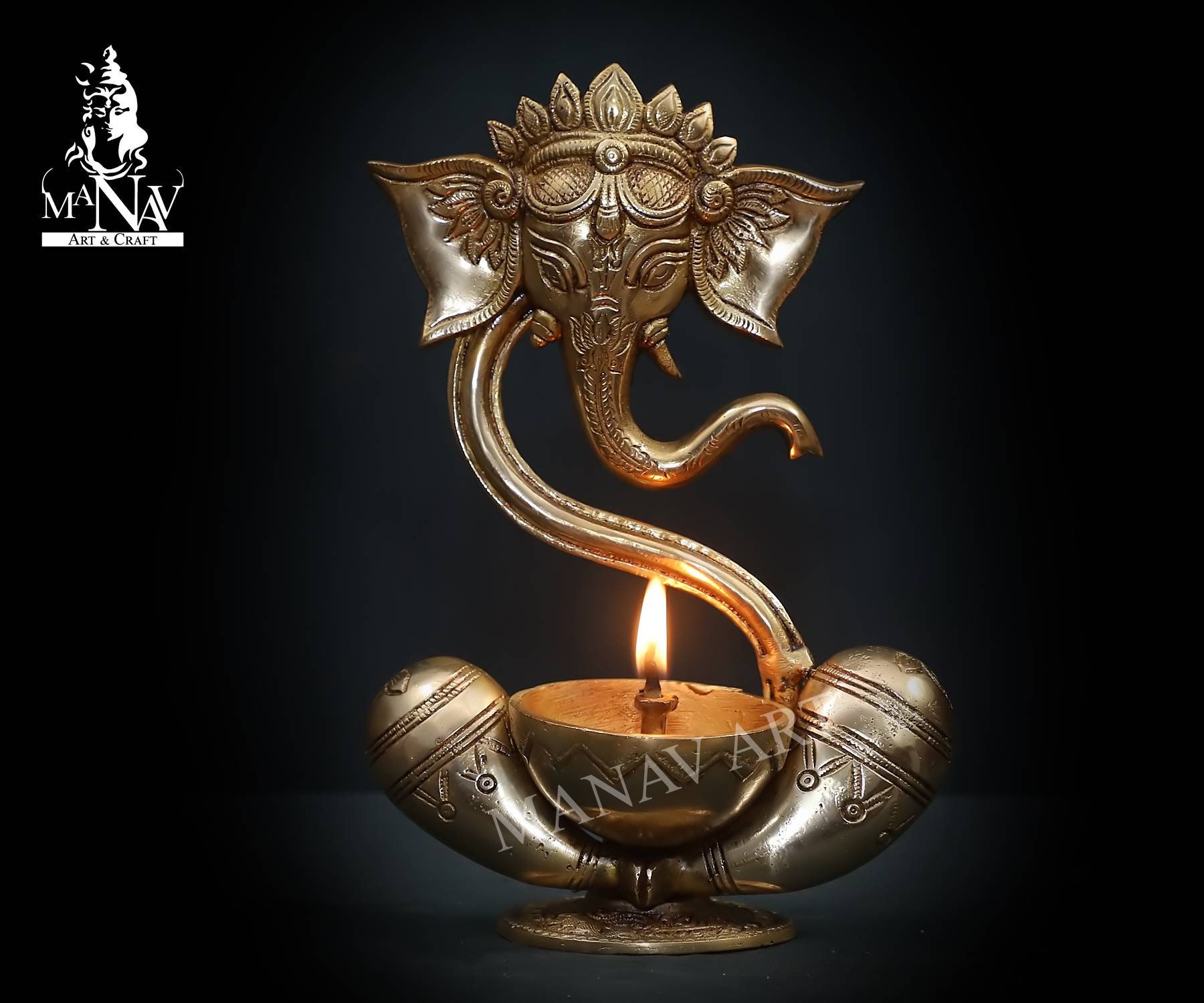 Brass Ganesha Statue, 23 CM Abstract Ganesha statue, Diya Ganesha idol for gifts, Pooja Room, Home, Temple, decor, best Gifts.