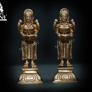 Brass Deep Lakshmi statue (Pair of 2), 14 CM Deepak Lakshmi Idol, Brass Deep Lady figurine for gifts, corner,Embellish home , office, Pooja.