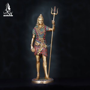 Large Brass Shiva Statue: 24 Inch Adiyogi Idol with Turquoise Inlay