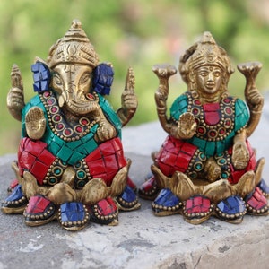 Statue en laiton de déesse Lakshmi Lord Ganesh Stone Work 7,5 cm, idole de Ganesh Lakshmi, figurines Lakshmi Ganesh, décor Laxmi Ganesha