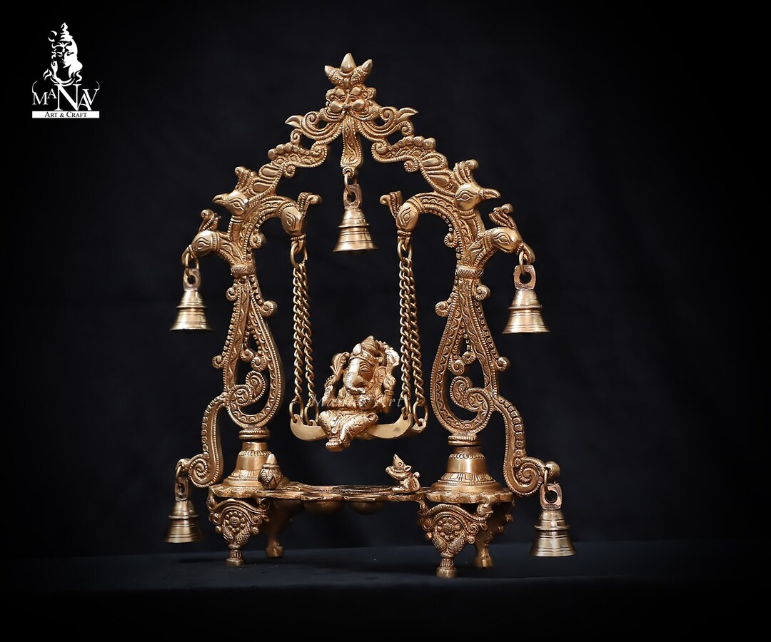 Messing Ganesha Statue Auf Schaukel – 22,4 Cm Hoch, Mit Türkissteinen, Für Zuhause Oder Büro