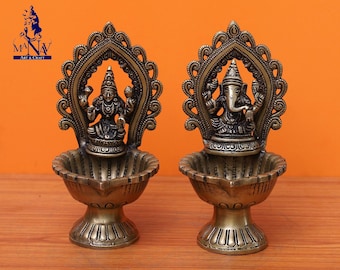 Brass Lakshmi Ganesha Diya, 20 CM Oil Lamp, oil Wick, Brass Deepak, Diya for temple, Pooja Diya for Gifts, Pooja, temple, office, Decor