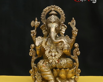 真鍮製ガネーシャ像：12.5インチのガネーシャ像、ヒンドゥー教寺院の