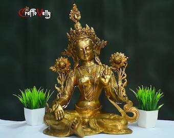 Brass Green Tara 38CM Statue Altar, Tara devi Statue, Meditation female compassion buddha Diety,  Gift Meditation- Tara healing idol.