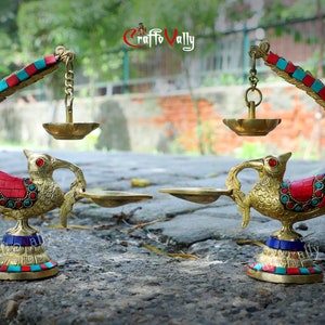 Brass parrot Diya 20CM(set of 2), oil wick diya, brass Lamp, Indian brass deepak for home, decor, temple, office, Pooja, corner, gifts.