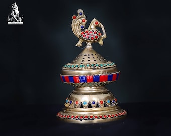 Brass Loban Lamp: Dhoop Dani Incense Burner with Peacock