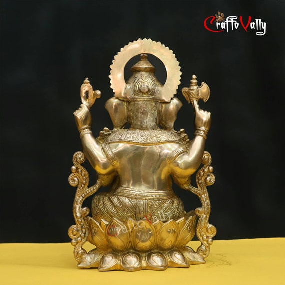 真鍮製ガネーシャ像：12.5インチのガネーシャ像、ヒンドゥー教寺院の