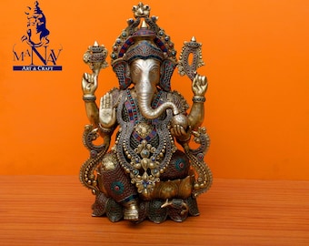 真鍮製ガネーシャ像：ターコイズ象嵌入り21インチのガネーシャ像