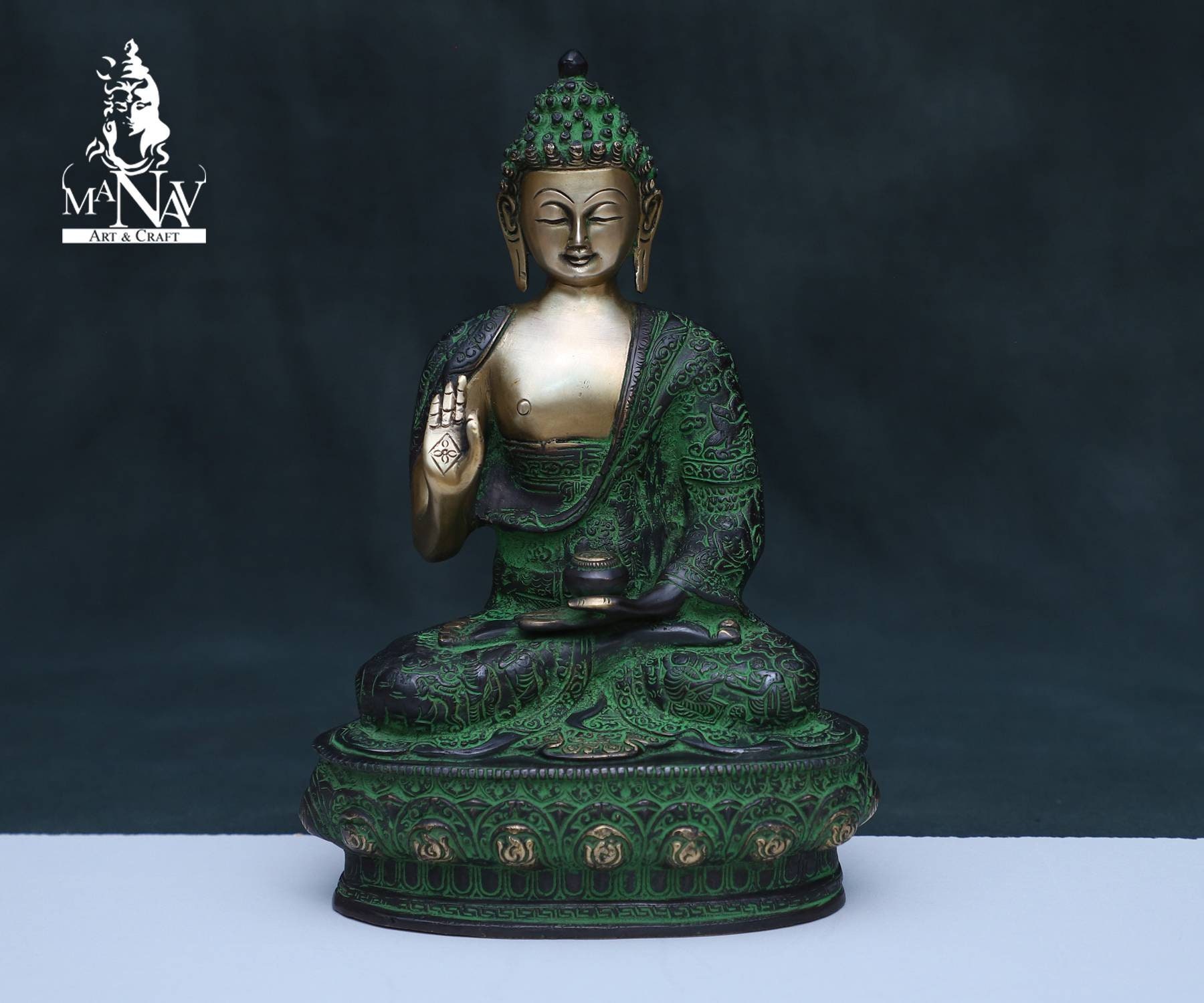 Brass Buddha statue, 32CM Green Antique budha Statue, Lord Buddha Figurines, Lord Buddha Idol, Buddha for Temple, Home, Corner, Office Décor