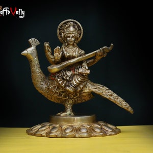 Brass Goddess Saraswati, 17.5 CM Saraswati Maa On Peacock with Veena, Hindu Goddess of Music, Knowledge, Fortune, Art.
