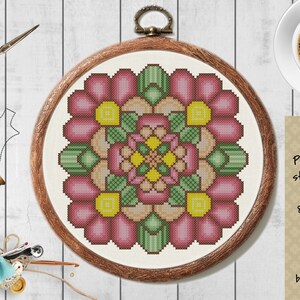Pink flowers Mandala Cross stitch pattern Instant PDF Download