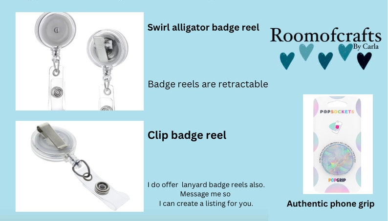 May include: Two clear plastic badge reels with a silver clip and a silver swivel alligator clip. The badge reels are retractable. The image also shows a teal blue popsocket with a holographic design. The text "Roomofcrafts By Carla" is in the top right corner of the image.