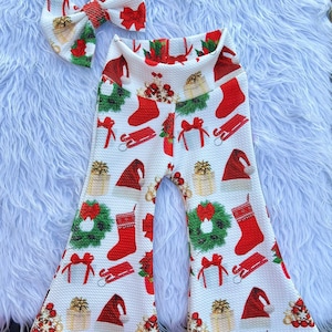 Christmas Flare Leg Bell Bottoms/Baby Girl Christmas Pants/Leggings/Joggers/Holiday Pants/First Christmas/Baby Retro Christmas Outfit/Prop