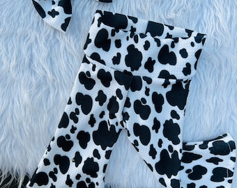 Baby Girl Cow Print Flare Leg Pants Outfit with Bow – Birthday Theme Set