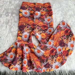 Girl’s Embroidery Look Floral Bell Bottoms/Baby Floral Bell Bottons/Baby Girl Retro Floral Bell Bottoms/Baby Groovy/Boho/Hippie Bell Bottoms
