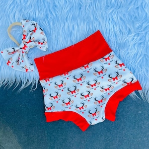 2Pc Christmas Reindeer Bummie and Bow Outfit/Baby High Waisted Bummie/ Shorts/Shorties/Diaper Cover/Cute Bummies/Christmas Baby Girl Clothes