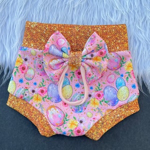 Easter Egg Bummie and Bow Set/Easter Egg Bummie/Easter Outfit/Baby Girl Easter/High Wasted Bummies/Shorts/Shorties/Baby Girl Easter Outfit