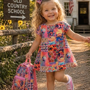May include: A short-sleeved dress featuring a vibrant patchwork print of mushrooms, sunflowers, smiley faces, and disco balls. The outfit includes a matching hair bow and a small backpack with the same colourful, multi-patterned design.