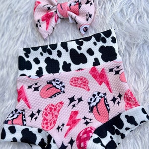 Pink Disko und Kuh Print Bummie Outfit/Western Bummie Set für Mädchen/Baby Girl Outfit/Kuh Flecken/Baby Bummie/Shorties/Shorties/Bummy