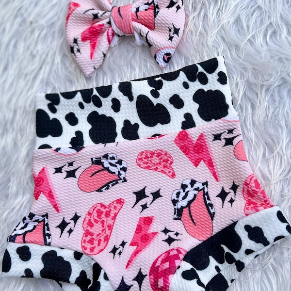 Pink Disco and Cow Print Bummie Outfit/Girl Western Bummie Set/Baby Girl Outfit/Cow Spots/Baby Bummie/Shorts/Shorties/Diaper Cover/Bummy