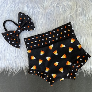 2Pc. Candy Corn Bummie and Bow Set/Baby Girl/Boy Halloween Bummies/Shorts/Shorties/Diaper Cover/Bloomers/Fall Girl Bummies/Halloween Outfit