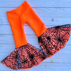Florscent Orange Spiderweb Bell  Bottoms/Neon Halloween Baby Flare Pants/Witches/Ghost/Spooky Halloween Leggings/Skeleton Joggers/Bummies