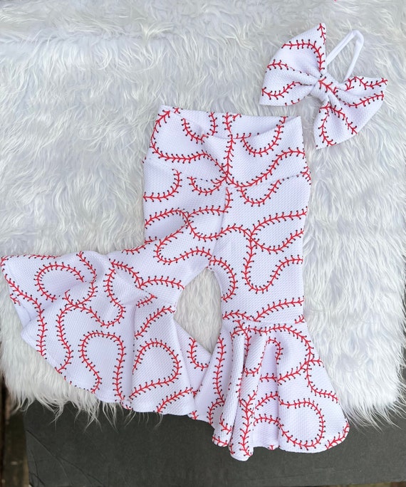 Baby Girl Baseball Stitches Bell Bottoms, Baby Baseball Flare Leg