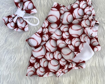 Baseball Print Skirted Bummie and Bow Outfit/Skirted Bummie Set/Baseball Bummie/Baby Girl Baseball Bummie/Shorts/Shorties/Skirt/Skort/Prop