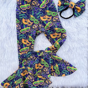 2Pc Mardi Gras Baby Bell Bottoms Set/Baby’s 1st Mardi Gras/Mardi Gras Outfit/Mardi Gras Pants/Toddler Bell Bottoms/Baby Girl Flare Leg Pants