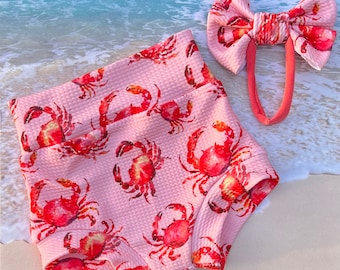 Crab Bummie and Bow Set/Beach Bummie Outfit/Nautical Bummies/Newborn Bummie/Baby Girl Bummie/Baby Shorts/Shorties/Diaper Cover/Baby Bottoms